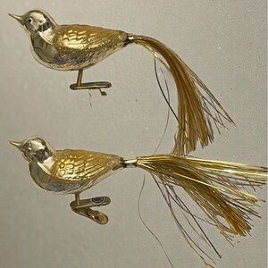 VTG 2 Gold Mercury Blown Glass Clip on Bird Spun Glass Tail Christmas Ornaments